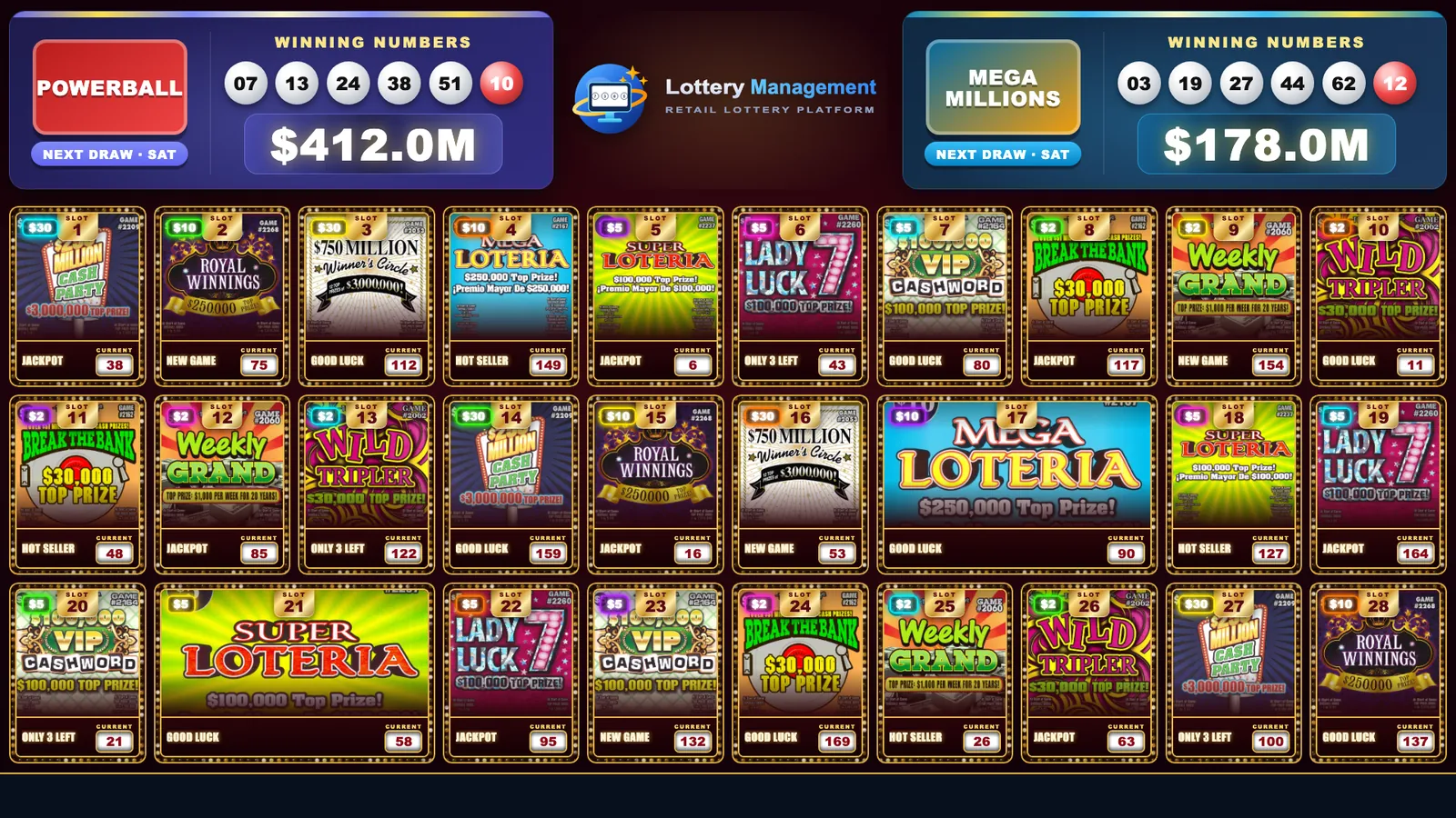 A Lottery Management board on the Vegas Marquee theme: 28 scratch-off tickets in numbered slots with prices and current numbers, under a live jackpot header